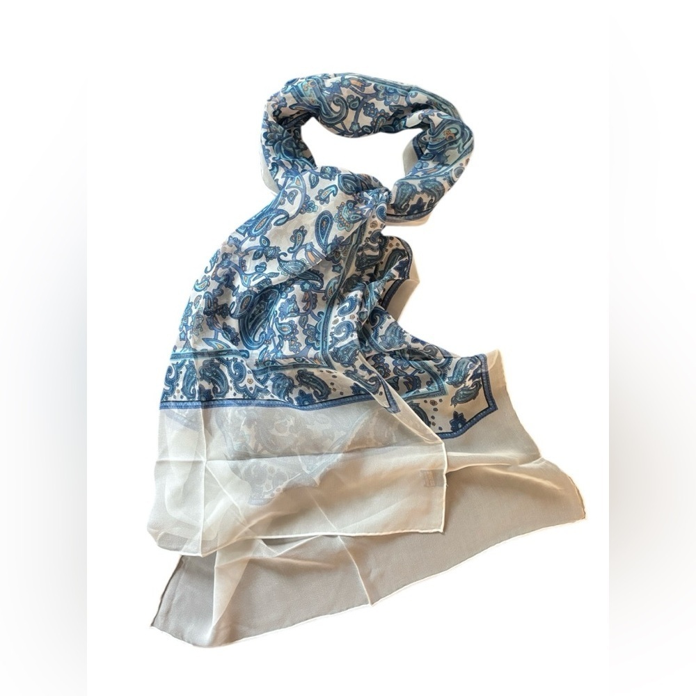 Blue Cream Paisley Damask 100% SILK Handmade Sheer Rectangular Scarf 70X19ā